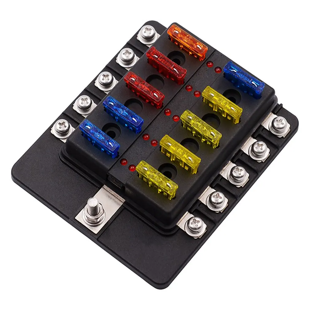 

Plastic Cover Fuse Box Holder 32V M5 Stud 10 Ways Blade With LED Indicator Light for Auto Car Boat Marine Trike