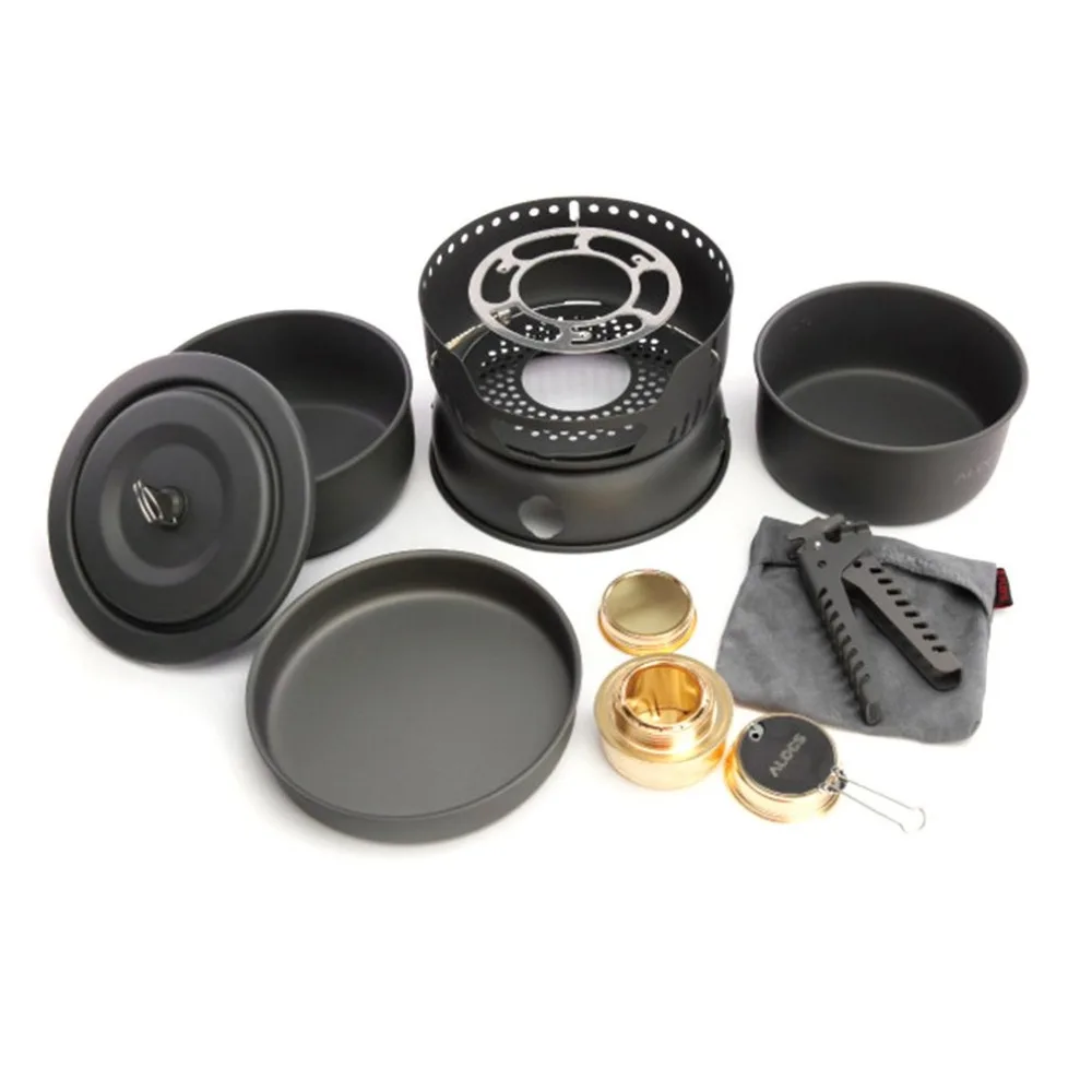 ALOCS utensilios de cocina antiadherente 10 sets con estufa de Alcohol portátil 2-4 personas ollas sartén estufa para viajes Camping senderismo