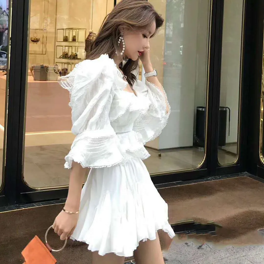 

2019 New Patchwork Lace Ruffles Crop Top Women Hollow Out Puff Sleeve Sexy Blouse Strapless V-Neck Shirt