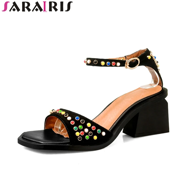 

SARAIRIS 2019 brand kid suede leather colorful rivets shoes women Summer Sandals Fashion High Heels Shoes Woman party Shoes
