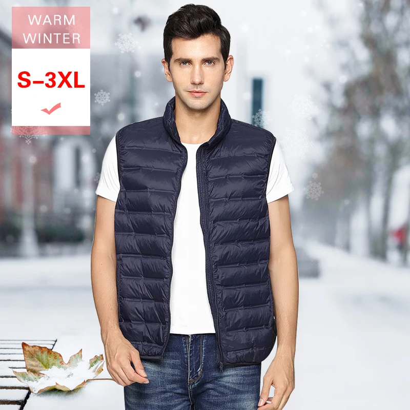 

M-4xl Autumn Winter Men Short White Duck Down Vest Male Ultra Light Thin Sleeveless Coat Warm Windproof Waistcoat Stand Collar