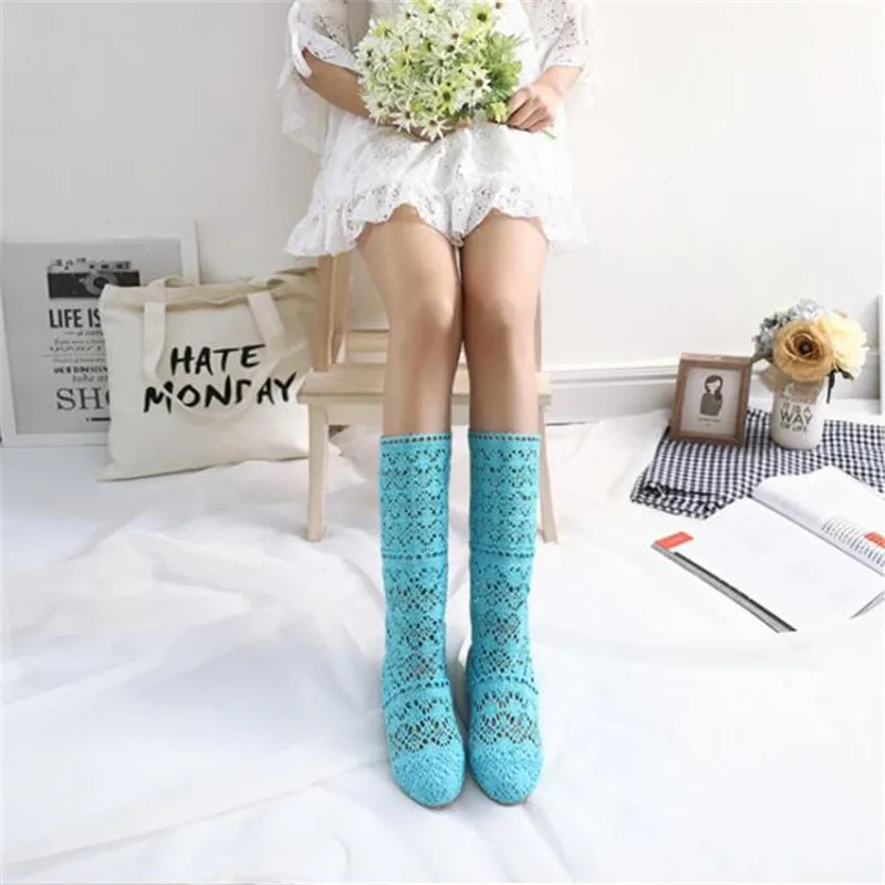 2023 spring and autumn knitted hollow boots flat bottom mesh high / low tube breathable fashion lace boots women's shoes
