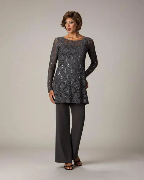 

2018 Gray Mother Of The Bride Dresses Pant Suit Sequined Lace Ciffon Long Sleeve Gray Mother's Formal Dresses for Wedding Party