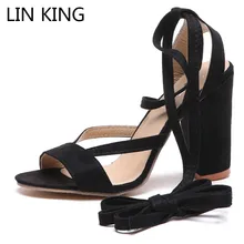 LIN KING Sexy Square Heel Ankle Strap Women Sandals Lace Up Summer High Heel Shoes Retro Ladies Cross Tie Open Toe Party Shoes black rope women white slingback shoes lace up ladies strap sandals female wedge ankle espadrilles pumps tie closed toe designer