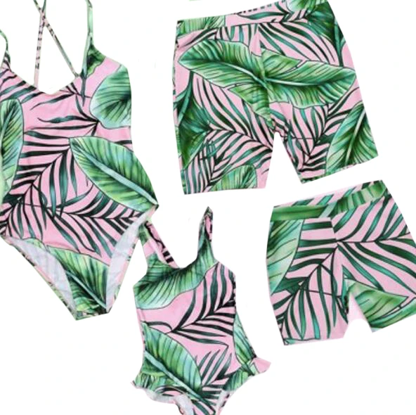 New 2019 Mother Daughter Matching Swimsuits Tropical Leaf Print Backless Bandage One Piece Beachwear Swimsuit | Мать и ребенок