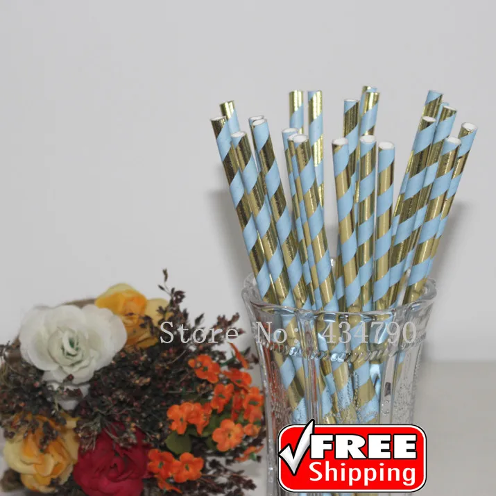 200pcs Metallic Gold Foil and Light Blue Striped Paper Straws Vintage