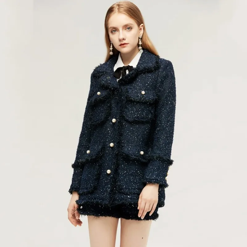 Новое Брендовое шикарное синее пальто женское осенне-зимнее плотное Прямое пальто женское деловое свободное твидовое Женское шерстяное пальто класса люкс