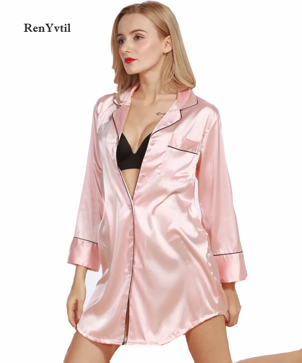 RrnYvtil Womens Long Sleeve Silk Button Down Sleepshirt Comfortable