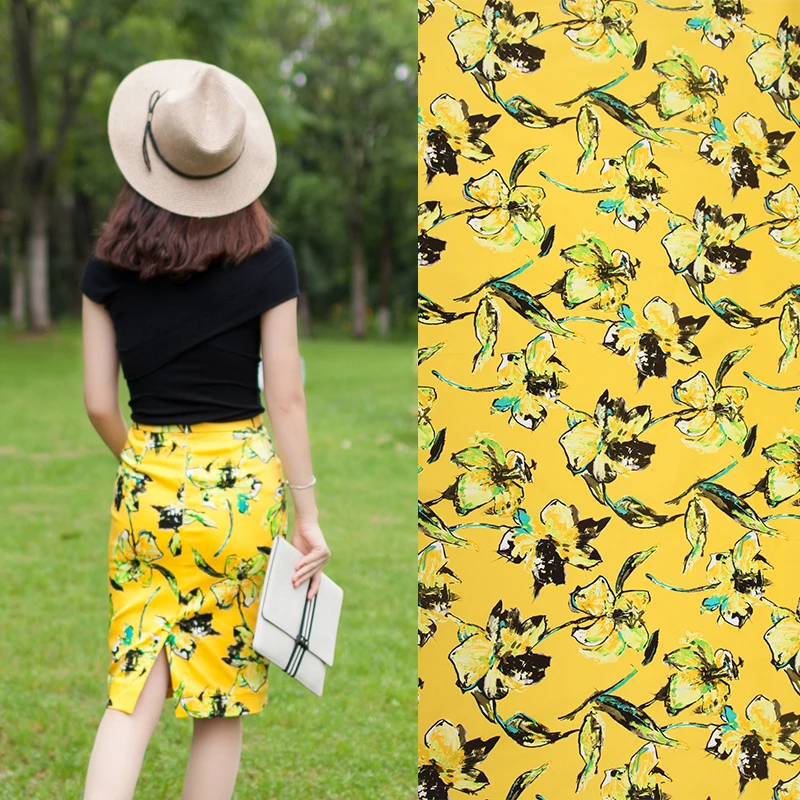 

Width 140cm Bright yellow flowers print pure cotton plush fabric for dress shirt tissus au metre tecidos a metro cheap chinese