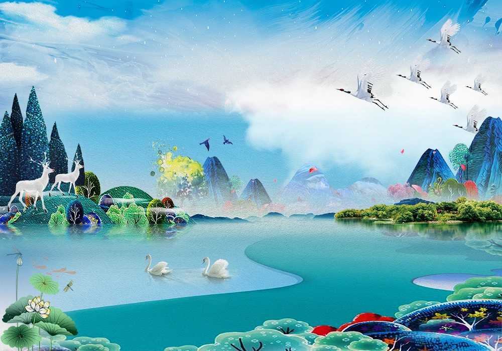 Custom wallpaper New Chinese oil painting White crane White deer Forest landscape background wall - Silk waterproof material Custom wallpaper New Chinese oil painting White crane White deer Forest landscape background wall - Silk waterproof material