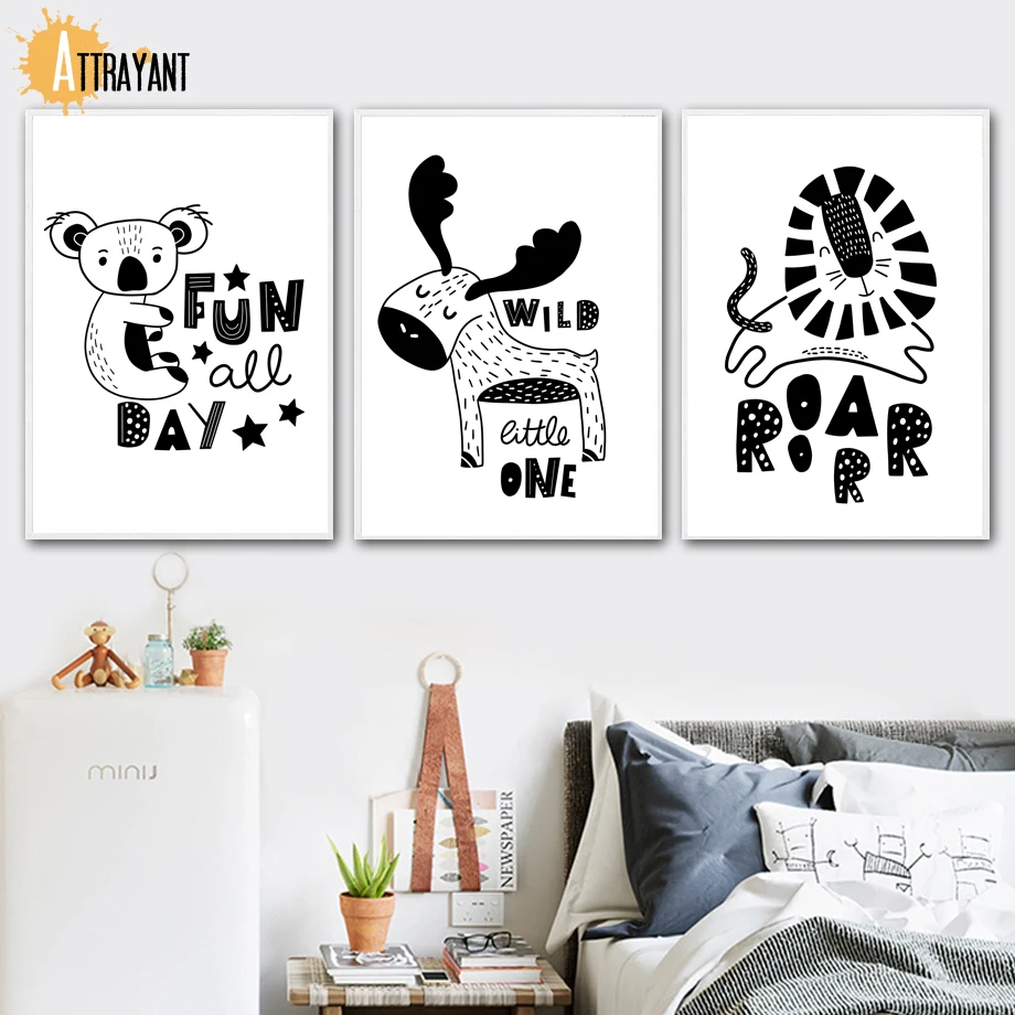 

Funny Cartoon Deer Koala Lion Black White Wall Art Canvas Painting Nordic Posters And Prints Wall Pictures Baby Kids Room Decor