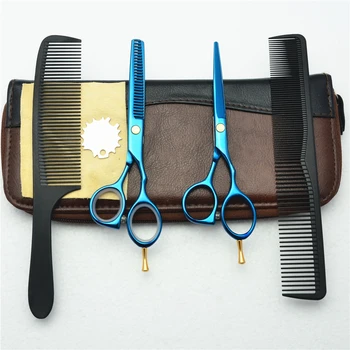 

5.5 inch 4Pcs Suit Customized Logo Professional Blue 440C Hairdressing Scissors Cutting Scissor Thinning Shears Hair Scissors