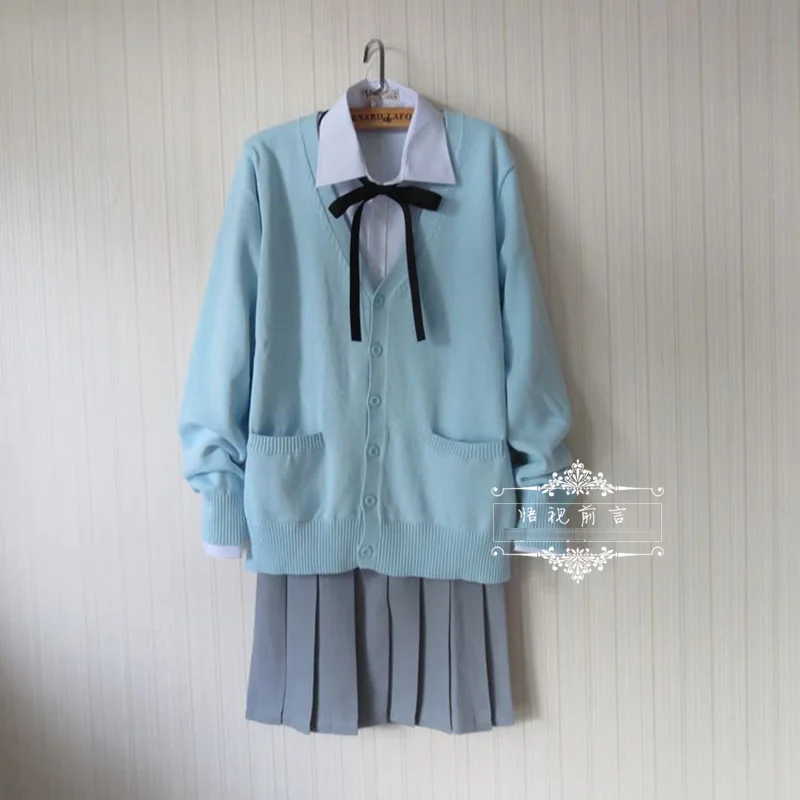 Japanese school uniform suit set Water Blue Cardigan sweater + solid white long sleeve shirt + Dark gray Pleated skirt
