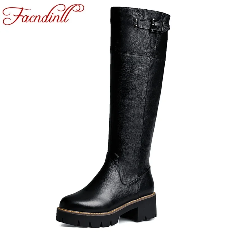 

FACNDINLL winter shoes 2018 warm short plush snow boots women knee high boots square high heels black platform full leather boot