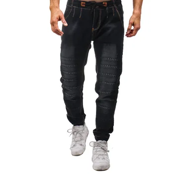 

2019 New Men's Cotton Stretch Jeans Pants Slim Fit Denim Trousers Fold hole Tether Tightness tide Cultivate oneself Jeans men