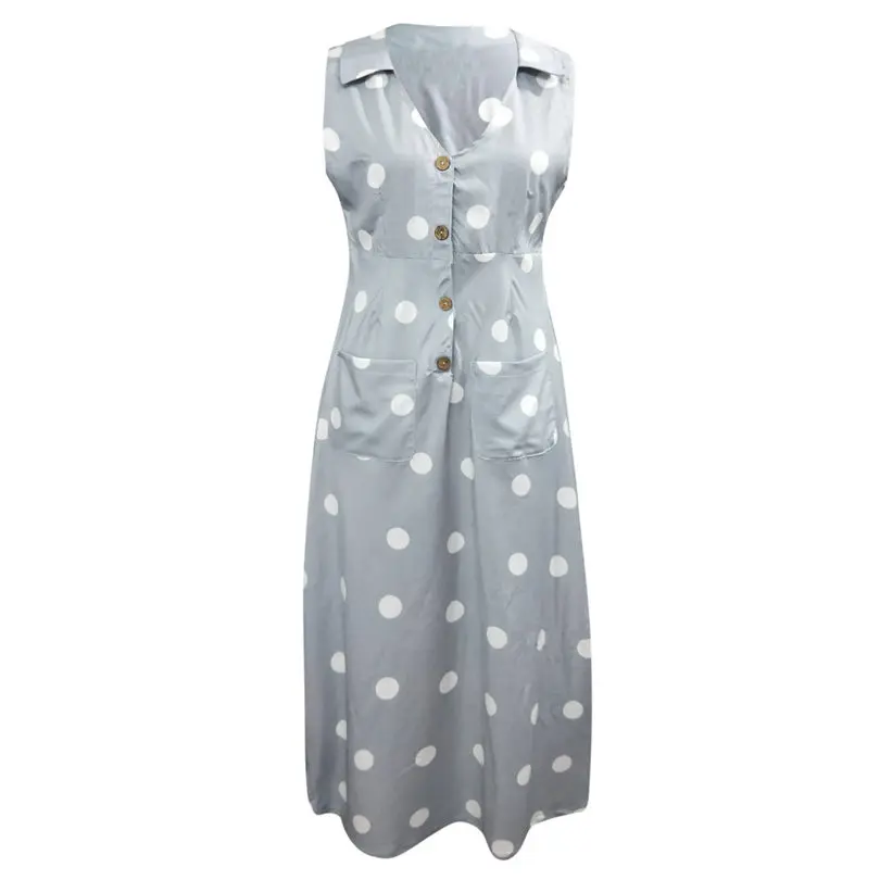New Women Summer Fashion Elegant Casual Dot Print Boho Dress Turn-down V-neck Dress Button Pocket Bohemian Dress #4A25 (21)
