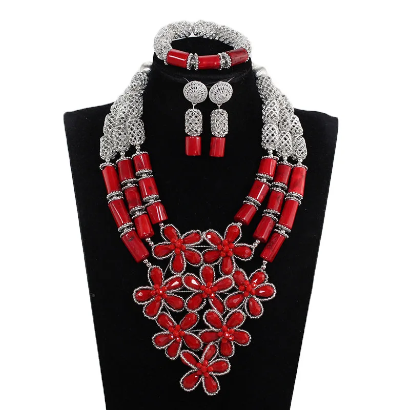 

Handmade Flowers Real Coral Bead Women Natural Red Coral Bead Jewelry Set Bib Wedding Jewelry Set Silver Accessory JewelryABH784