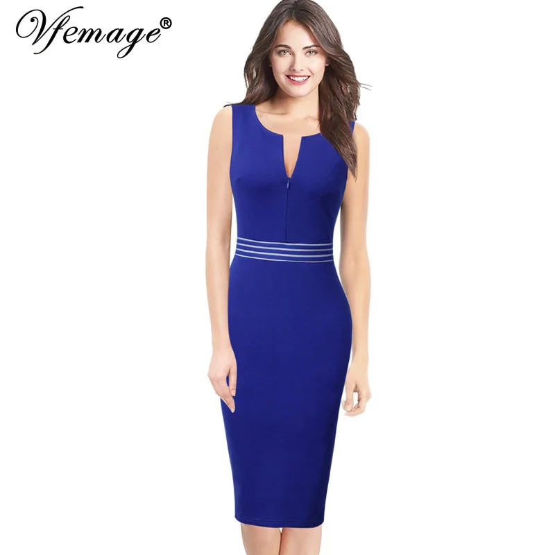 

Vfemage Womens Elegant Front Zip Up Patchwork Contrast Wear To Work Office Business Party Fitted Bodycon Pencil Sheath Dress 716
