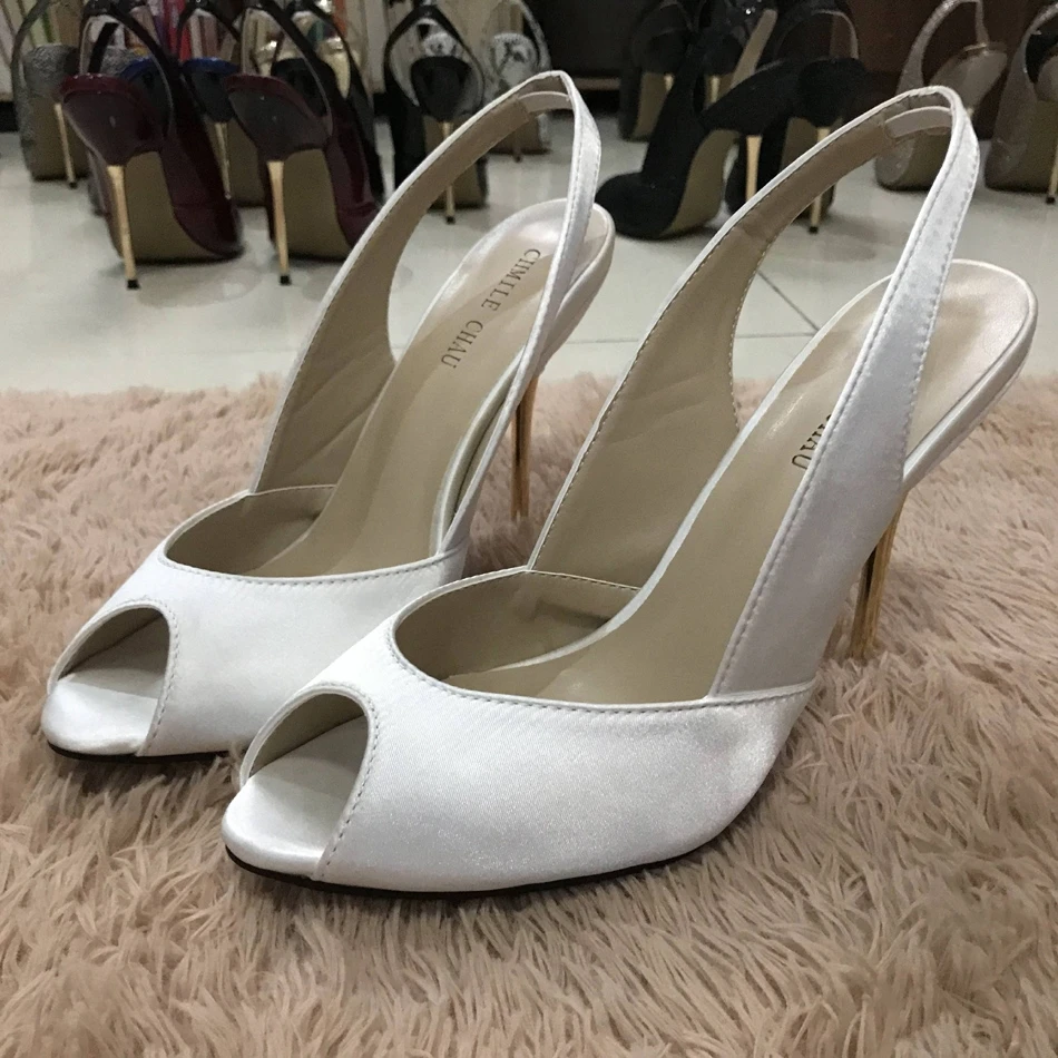 

Women Stiletto Thin Iron High Heel Sandals Sexy Sling Back Peep Toe Ivory Satin Party Bridal Ball Lady Shoe 3845-g8