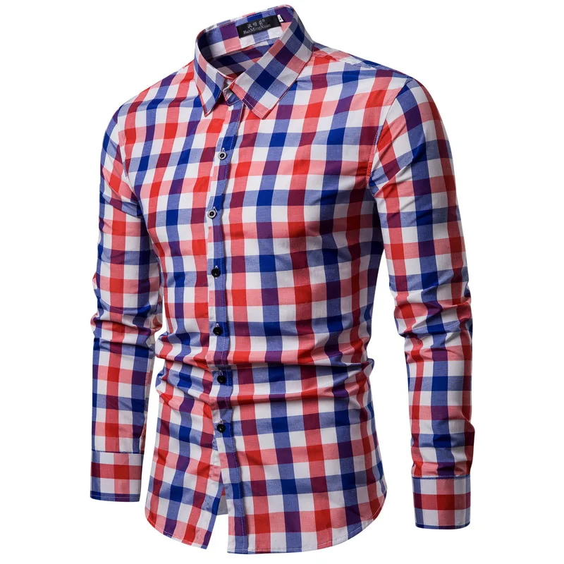 Brand 2018 Fashion Male Shirt Long Sleeves Tops Lattice Mens Dress