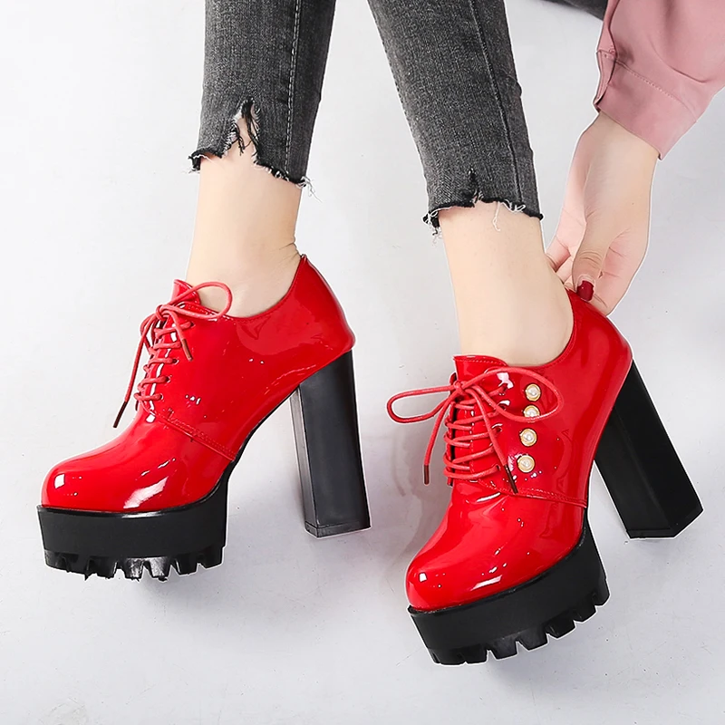 

Crude heel high heels 2018 autumn new European and American style women's leather shoes round head bright leather single shoes