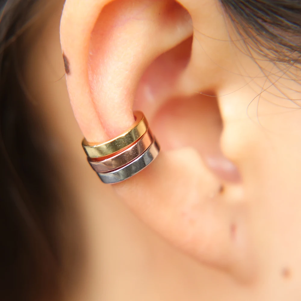 100% 925 sterling silver simple circle cuff plain high polished women girl no pierced three color stack cuff earring (16)