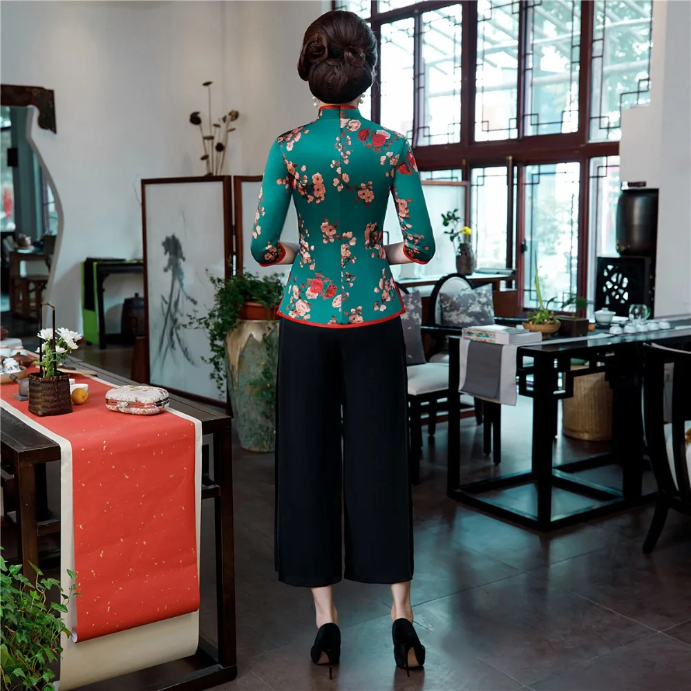 Шанхай история 3/4 рукав Cheongsam топ+ брюки комплект Китайская традиционная одежда для женщин Qipao 2 стиля