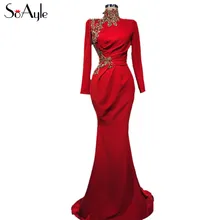 SoAyle/Роскошные вечерние платья с тяжелым бисером, длинное платье русалки с высоким воротом, плиссированное красное вечернее платье, vestido de noiva