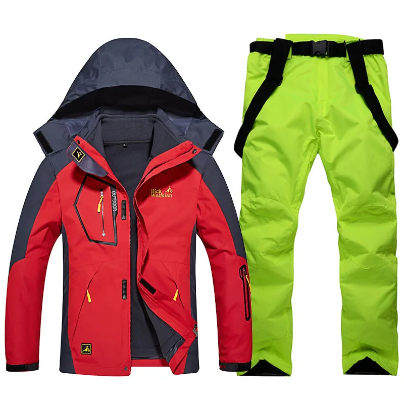 Лыжный костюм для мужчин, зимний теплый водонепроницаемый ветрозащитный дышащий сноуборд куртки и лыжные штаны, мужской лыжный зимний комплект одежды - Цвет: Red   Green