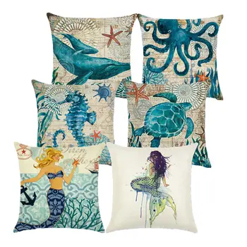 

Marine Style Pillowcase Linen Cushion Cover Decorative Sea Anchor Tortoise Nautical Ocean Throw Pillow Sofa Pillow Cover 40212