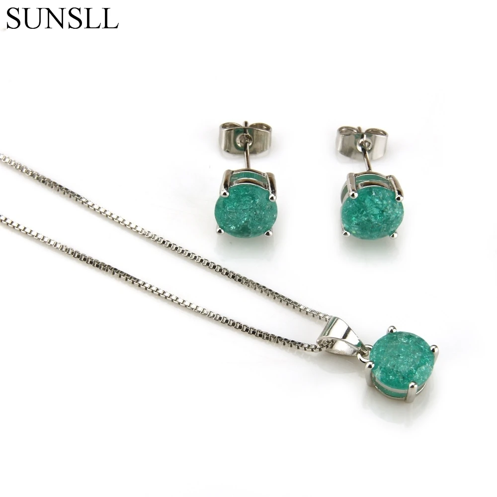 

SUNSLL Silver Color Copper Multicolor Crack Cubic Zirconia Stud Earrings And Pendant Necklaces Women's Fashion Jewelry Sets