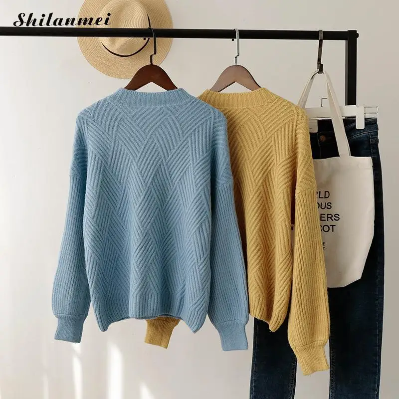 2018 Winter Autumn Oversized Knitted Cashmere Sweater Women Lantern Sleeve Thicken Pull Femme Causal Slim Jumper Tops | Женская одежда