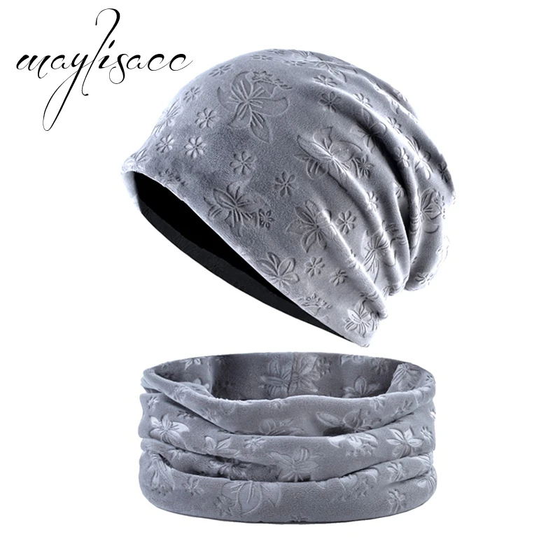 

Winter Women Warm Hat-Maylisacc Fashion Embossing Flower Hat with winter Scarf Solid Colors Female Scarves hat 6 Colors