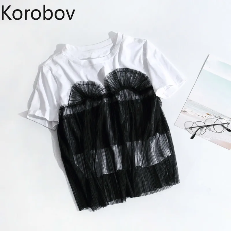Летняя новая милая женская футболка Korobov с круглым вырезом кружевная Милая в