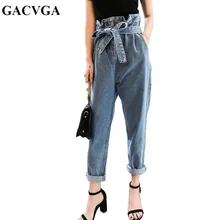 GACVGA осень зима высокие эластичные синие джинсы с поясом модные брюки женские джинсовые широкие брюки шаровары