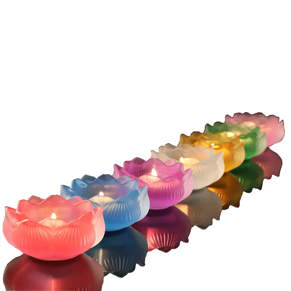 80 мм фэн-шуй ремесло цветная стеклянная свеча в виде лотоса подсвечник Хрустальное стекло Нижняя кварцевая бумага украшения Буддийские принадлежности