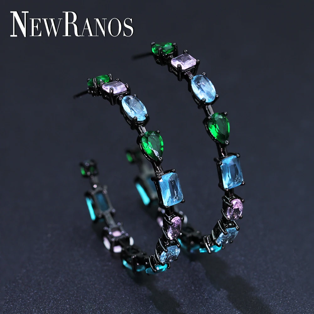 

Newranos Large Hoop Earrings Multi Color Natural Crystal Stone Earrings Big Circle Round Statement Earrings Jewelry EFX001442