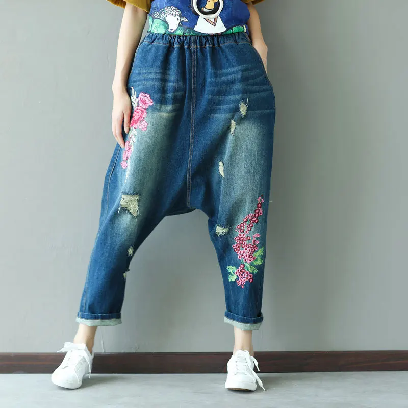 Джинсовые штаны-шаровары с цветочной вышивкой, уличная одежда, мешковатые джинсовые шаровары с заниженным шаговым швом, женские штаны в стиле хип-хоп, Boho Cross, G060501