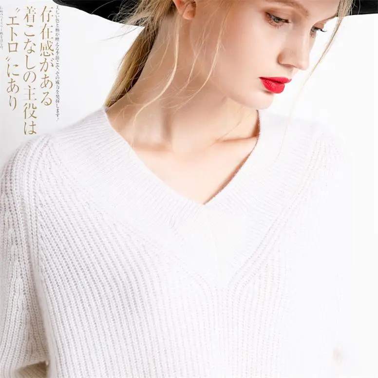19New Модный женский свитер с v-образным вырезом, вязаный пуловер, женский свободный кашемировый свитер, женские свитера, Зимний пуловер, женский тренд - Цвет: Белый