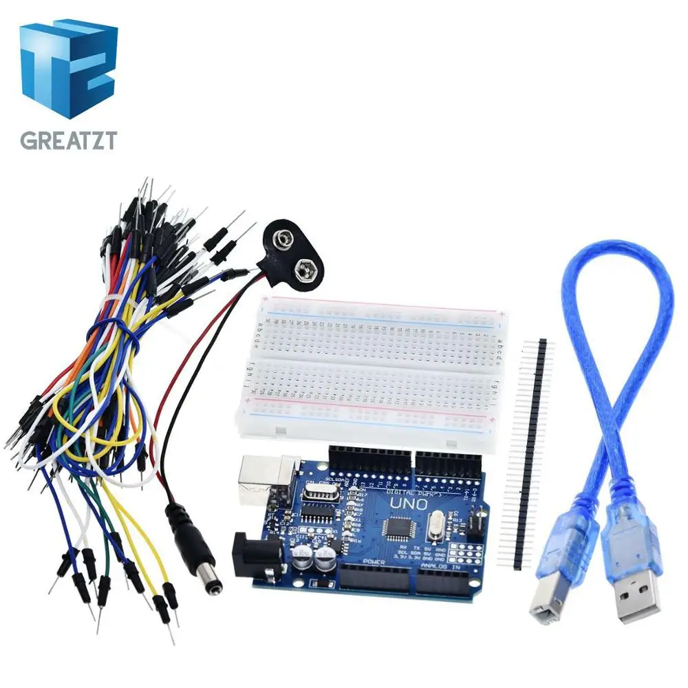 

GREATZT Starter Kit for Arduino Uno R3 - Bundle of 5 Items: Uno R3, Breadboard, Jumper Wires, USB Cable and 9V Battery Connector