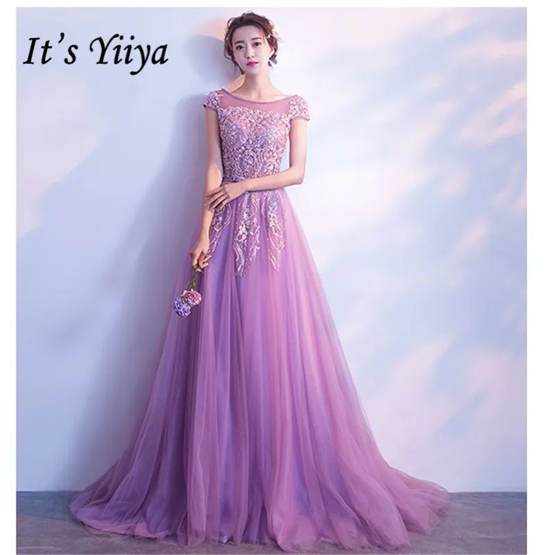 

It's YiiYa Women Party Dress 2019 Appliques Beading O-neck Floor Length Court Train Evening Dress Robe de Soiree Plus Size E497