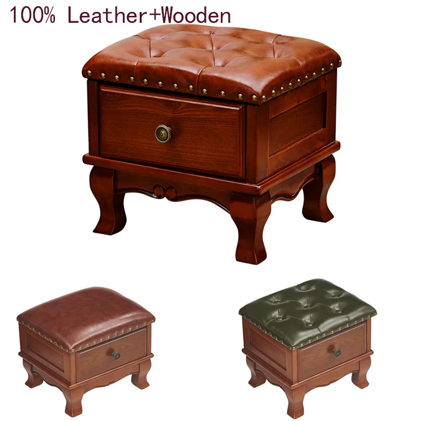 

New Luxury 100% leather solid wood drawer sofa stool European living room furniture shoe stool American low stool with cabinet