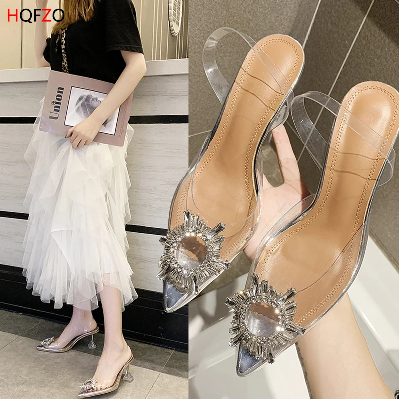 

HQFZO Transparent Sandals Platform Pointed Toe Crystal High Heels Clear Sandalias Women Summer Shoes Heels/6.5cm