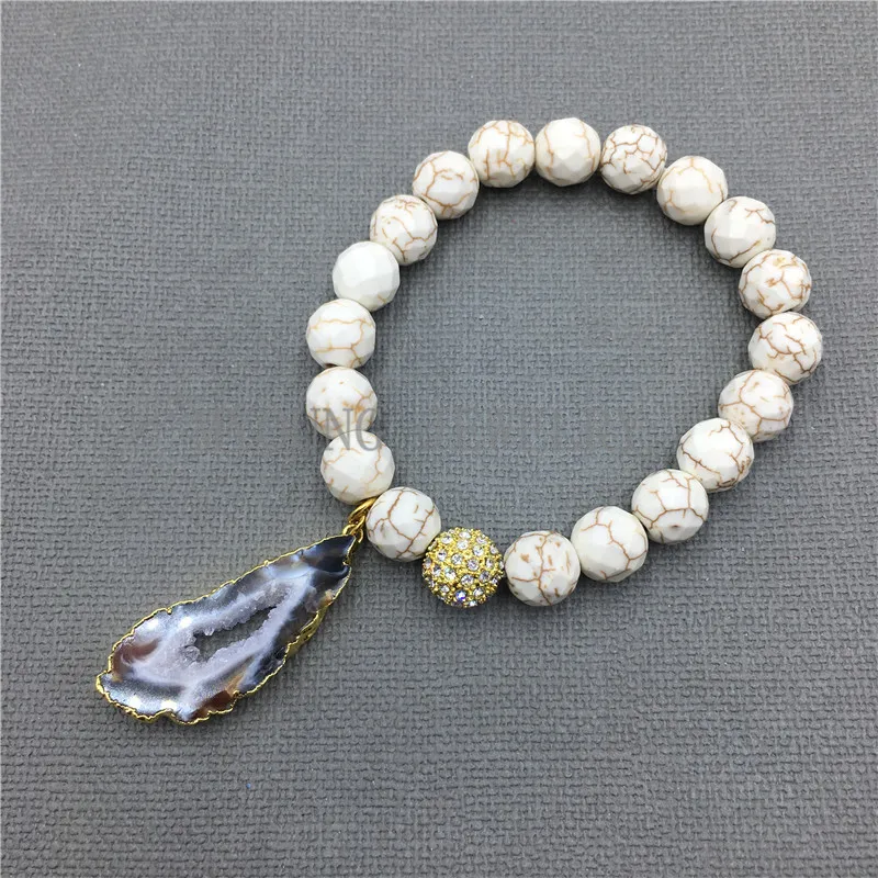 MY0536 Semi-Precious Faceted Howlite Beads Bracelets With Agates Crystal  Druzy Cluster Pendant