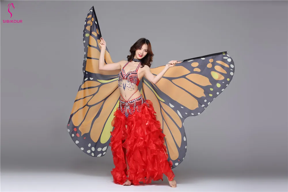 Крылья бабочки для женщин, крылья для танца живота, костюм для взрослых и детей с принтом бабочки, шифоновые аксессуары для танцев, Болливуд для девочек с палочками