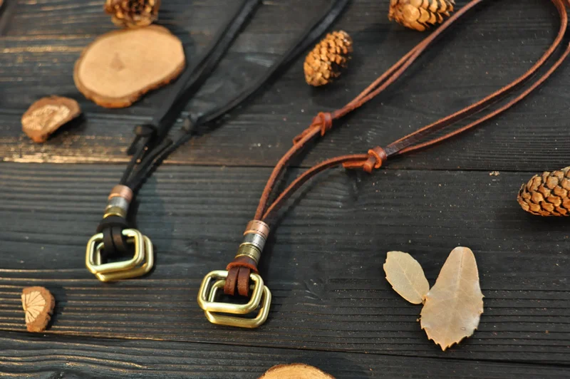 NIUYITID Rectangle Pendant Necklace For Men Genuine Leather Necklace Brown Black Rope Chain Male Jewelry Drop Shipping (1)