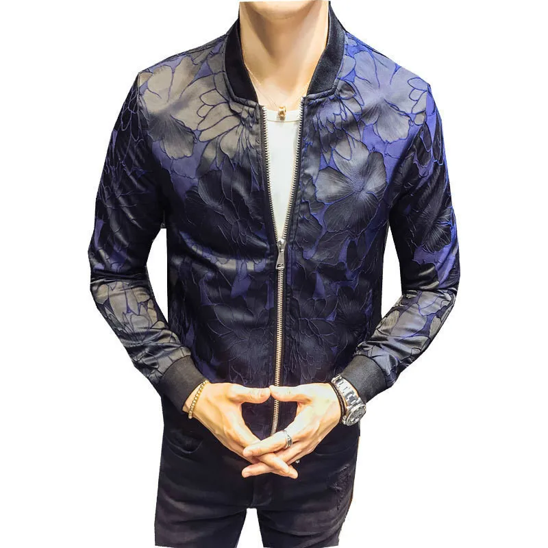 

Royal Floral Jacket Patterns Blue Black 2018 Club Patty Baroque Bomber Jackets Men Jacquard Club Outfit Men Slim Fit 4XL