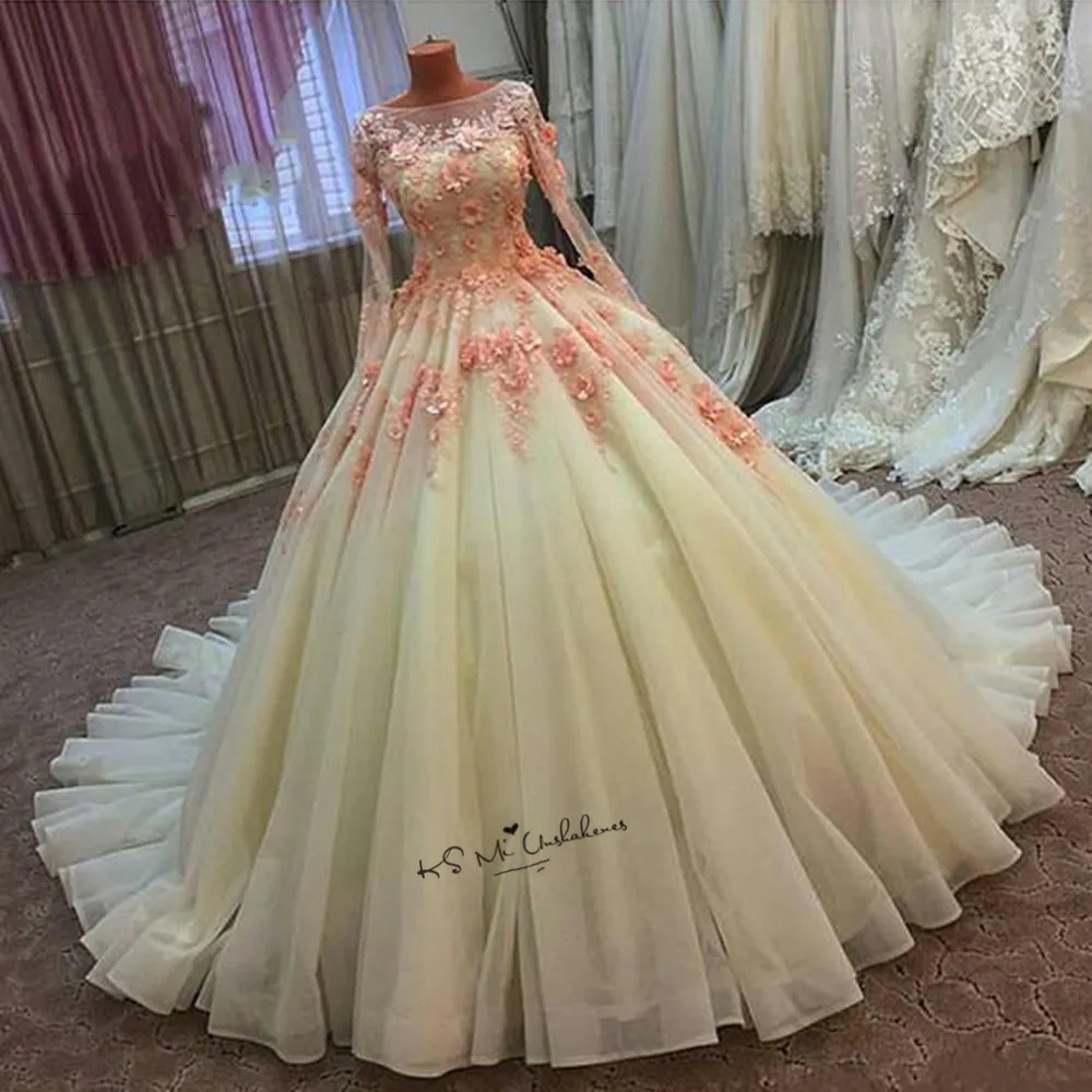 Розовые Свадебные платья с объемными цветами Vestido de Noiva Princesa, свадебные платья с длинным рукавом, кружевное винтажное платье для невесты в стиле бохо Gelinlik