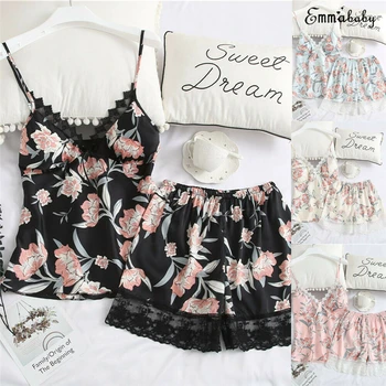 

2019 New Sexy Womens Lace Patchwork Pajamas Set Tank Top+Shorts Lingerie Sleepwear Summer Sleeveless V-Neck Nightwear