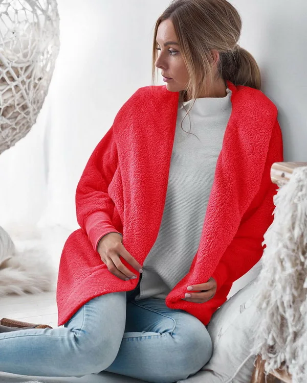 Новые женские зимние теплые толстовки из искусственного меха повседневные пальто с длинным рукавом Свободная верхняя одежда с капюшоном - Цвет: Красный